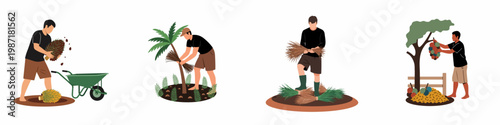 Set of flat illustrations showing various agricultural activities and farmers harvesting crops like durian, palm, and fruit in a rural setting.