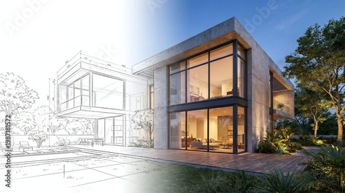 Modern luxury house architectural concept showing a transition from a technical 2D line drawing blueprint to a realistic 3D exterior render at twilight, construction and real estate development projec