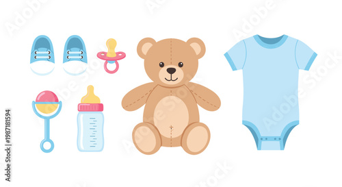 Charming set of essential baby accessories featuring a soft plush bear and blue clothing items arranged neatly on a pristine white studio backdrop.