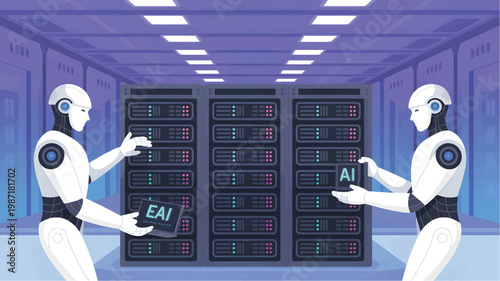 Two white humanoid robots are working on dark server racks in a purple data center with AI tablets