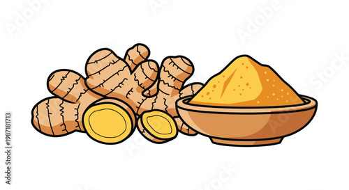Natural ginger root pieces displayed alongside a wooden bowl filled with ground ginger powder on a clean white background for culinary concepts.