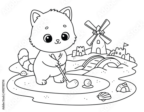 Kitten cute cartoon playing mini golf on sandy beach with windmill kids coloring page