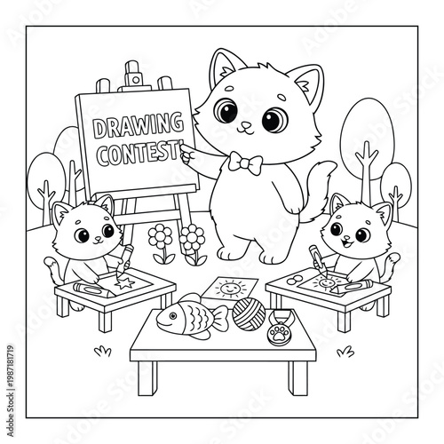 Kitten cute cartoon hosting drawing contest with friends outdoor kids coloring page