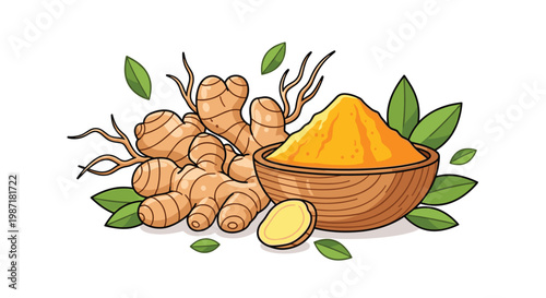 Fresh ginger root with sliced pieces and a bowl of golden powder surrounded by green leaves on a clean white background for healthy food concepts.