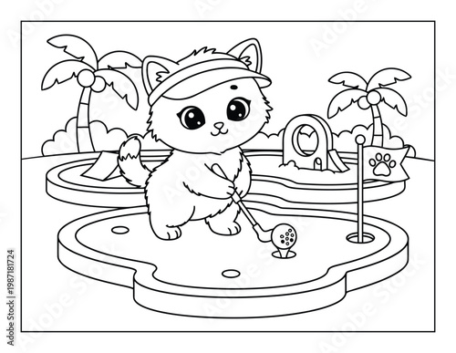 Kitten cute cartoon playing mini golf in tropical beach park kids coloring page