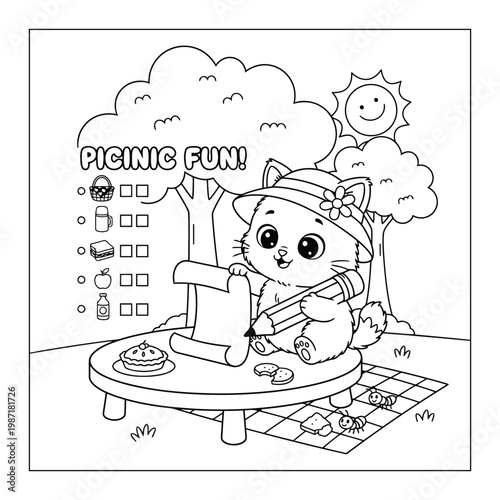 Kitten cute cartoon planning picnic with checklist and food items kids coloring page