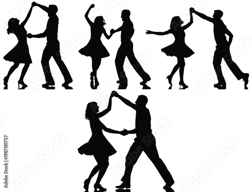 Dancing Couple Silhouette Icons, Ballroom Dance Partner Poses Vector Set