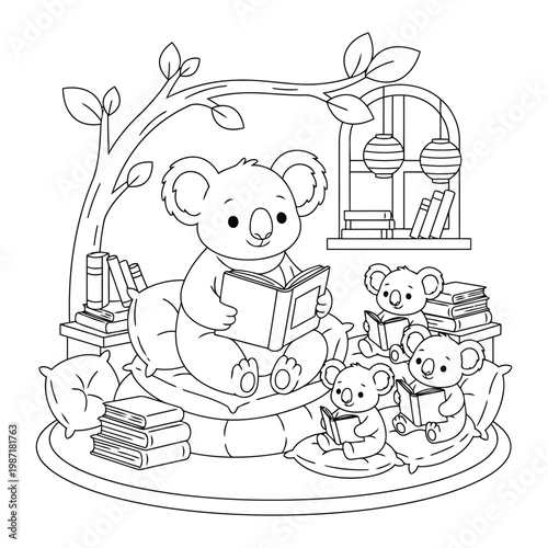 Koala cute cartoon reading story with baby koalas in cozy library kids coloring page