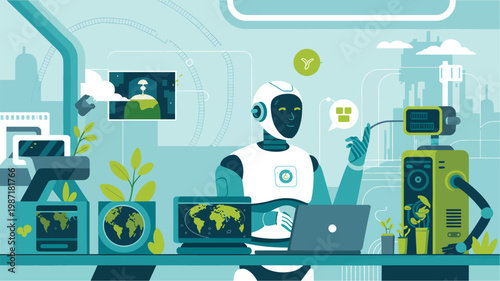 Humanoid robot working on a laptop at a desk with plants, global maps, and technical equipment