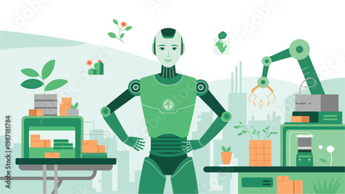 Green humanoid robot standing in a laboratory with a robotic arm, potted plants, and stacked boxes