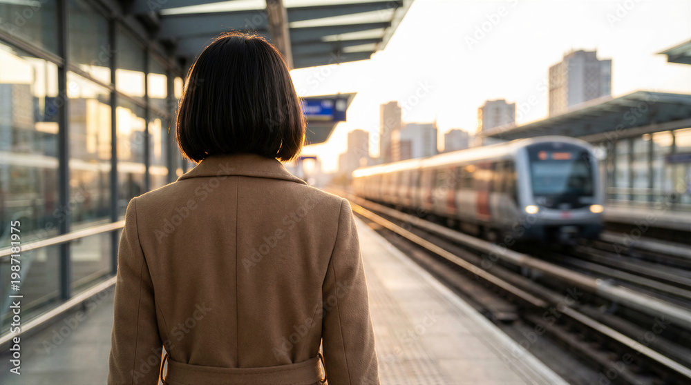 Obraz premium Rear view of a woman in a brown coat standing on a train platform waiting for the subway in a modern city at sunset