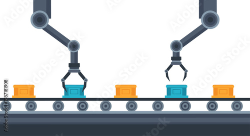 Automated mechanical arms perform precise sorting of blue containers on a moving industrial conveyor belt within a clean minimalist factory environment.