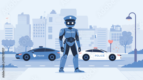 Robot police officer standing in front of two patrol cars on a city street with buildings in the background