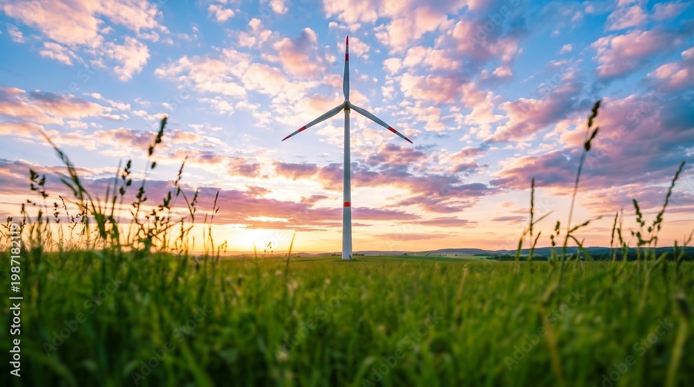 Obraz premium Wind energy turbine at colorful sunset over agricultural field, renewable resource for clean power, green technology, and sustainable industrial development in nature.