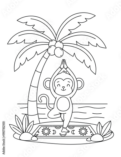 Monkey cute cartoon doing yoga on tropical beach under palm tree coloring page