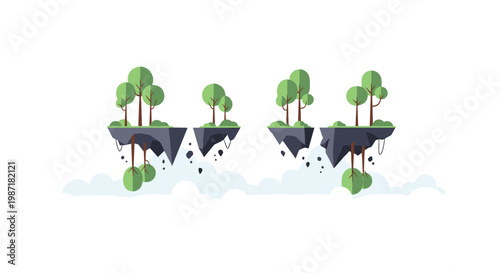Fragmented rocky islands covered in vibrant green foliage and small boulders hover suspended in the air against a pristine and minimalist white backdrop.