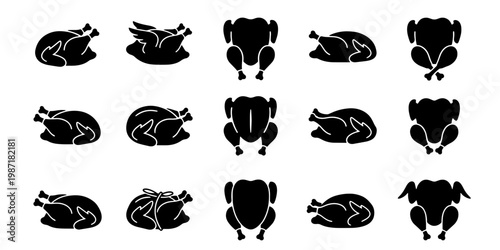 Roasted chicken silhouette icons, 15 black poultry vector elements, cooked whole turkey and bird meat symbols for restaurant menus and food packaging