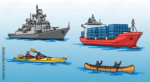 Various watercraft including a warship cargo ship and kayaks.