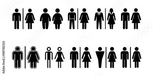Restroom sign icons set, male and female toilet symbols in various body shapes, black gender pictograms for washroom navigation and public signage