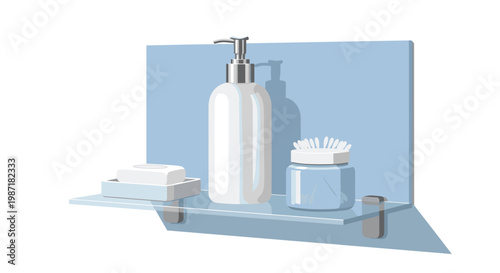 Glass bathroom shelf features a white pump bottle, a bar of soap in a ceramic holder, and a blue jar of cotton swabs against a soft blue background.
