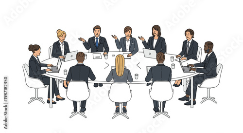 Group of professional colleagues in suits sits around an oval table with laptops for a productive business meeting in a clean and bright environment.