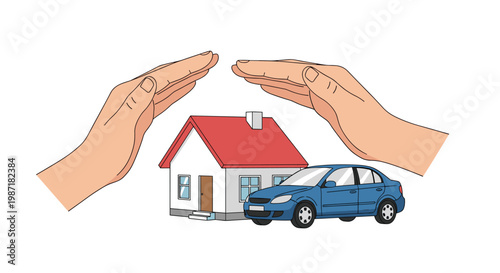 Two large hands are cupped protectively over a small suburban house and a blue car to signify insurance and financial security in a bright setting.