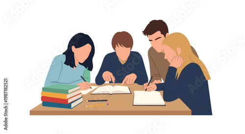 Group of focused university students wearing casual sweaters study together at a wooden table with textbooks in a bright academic library setting with light.