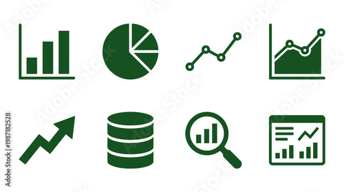 Collection of green graphical icons representing data analysis, growth trends, and statistics