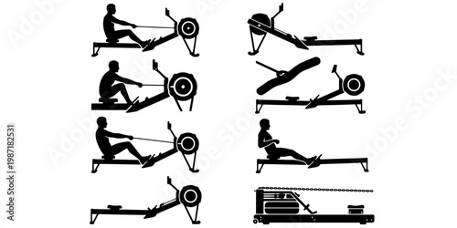 Rowing machine silhouette icons, fitness gym equipment vector set, indoor rower workout exercise positions, 8 black and white sports graphics