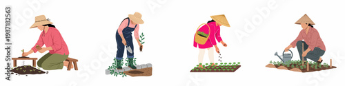 Set of vector illustrations depicting women farmers engaged in agricultural activities like planting, sowing seeds, and tending to young crops.