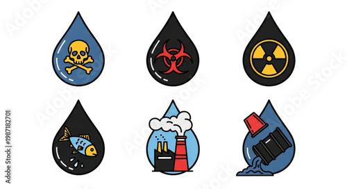Set of Icons Representing Environmental Hazards and Pollution.