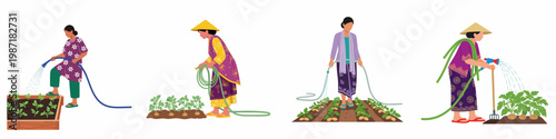 Set of illustrations featuring Asian women in traditional dress watering garden plants and crops with hoses, isolated on a white background.