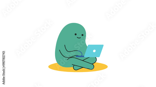 Green character using a laptop computer.