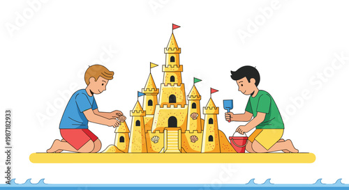 Two young boys construct an elaborate sandcastle adorned with seashells using a red bucket and blue shovel on a peaceful sandy beach under bright sun.