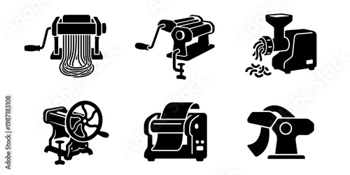 Pasta maker machine icon set, black silhouette kitchen appliances for noodle making, 6 vector elements for italian cooking and food preparation