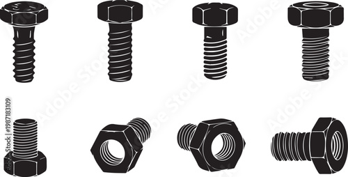 Industrial Steel Bolts and Hex Nut Hardware Icon Set