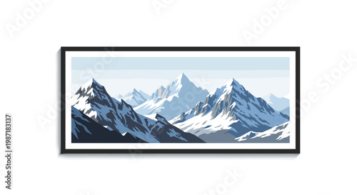 A framed panoramic print showcases jagged, snow-capped mountain peaks rising against a soft light sky in a sophisticated and minimalist graphic aesthetic.