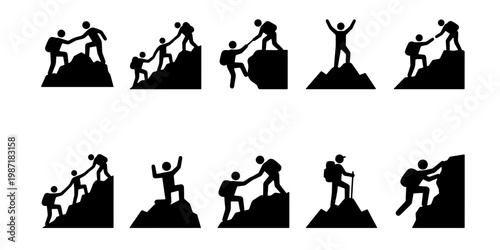 Mountain climbing silhouette icons, 10 vector elements of hikers helping each other, teamwork and leadership concept on mountain peaks