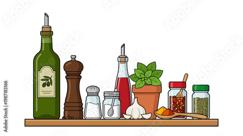 Various bottles and condiments on shelf.