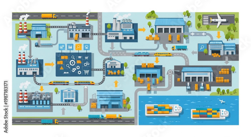 Industrial Logistics Supply Chain Network Illustration.
