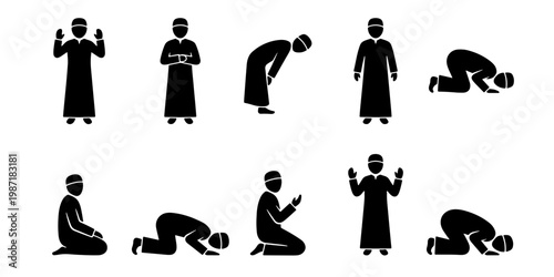 Islamic prayer positions icon set, Muslim man performing Salah steps, black silhouette figures of religious worship movements, 10 vector elements