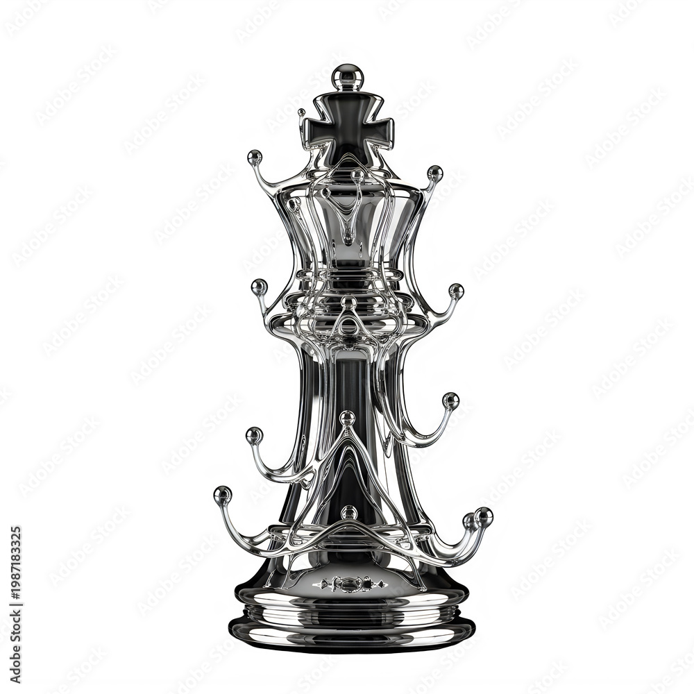 Fototapeta premium Elegant black king chess piece depicted with dynamic water splashes and droplets isolated on transparent background