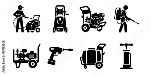 Pressure washer icon set, professional power washing equipment symbols, industrial cleaning machine and sprayer vector collection, 8 black icons