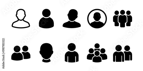 Minimalist user profile icons set, black human avatar symbols for web interface, collection of 10 people and team vector pictograms for UI design