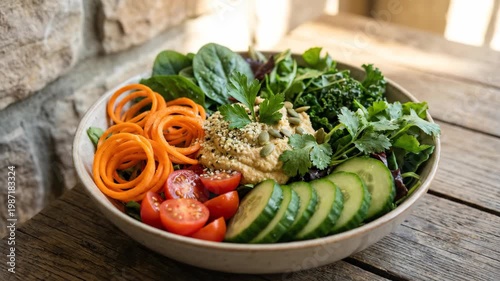Healthy Buddha Bowl with Fresh Vegetables and Hummus.