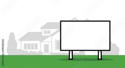 An empty white billboard stands prominently in the foreground while a faint grey sketch of a suburban home rests on a vibrant green grass lawn backdrop.