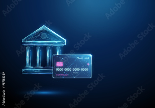 3d bank icon with bank card. Digital payments, financial transactions, banking services, card payments, account management, online mobile banking, secure payment systems concept