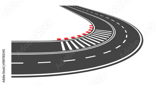 A sleek curved asphalt road segment features a white pedestrian crossing and vibrant red and white safety curbing set against a clean white background.