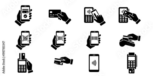 Mobile payment icons set, contactless credit card transaction symbols, digital wallet and POS terminal vector illustrations for retail checkout