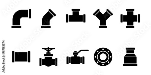 Industrial pipe fittings and plumbing valve icons, black silhouette set of 10 vector elements, pipeline engineering and water system hardware